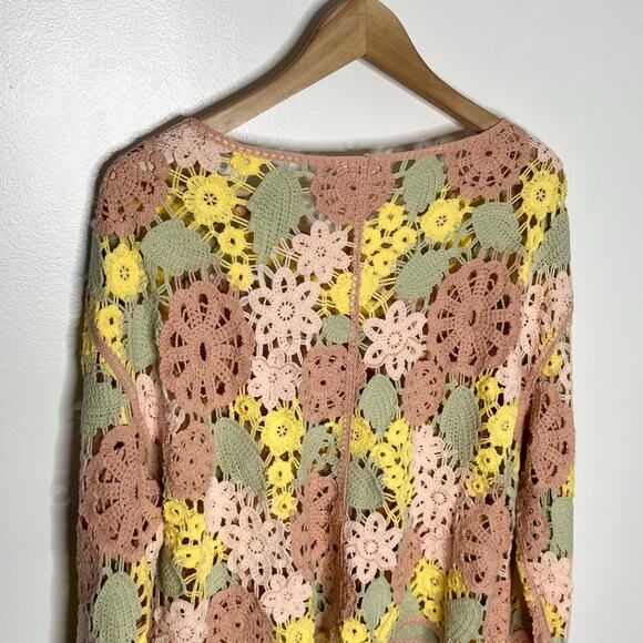 Entro Long Sleeve Crochet Sweater Womens Large Pink Floral Lace Boho Cottage - Picture 8 of 11